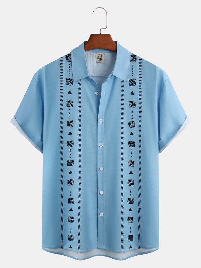 Ethnic Stripe Chest Pocket Short Sleeve Casual Shirt