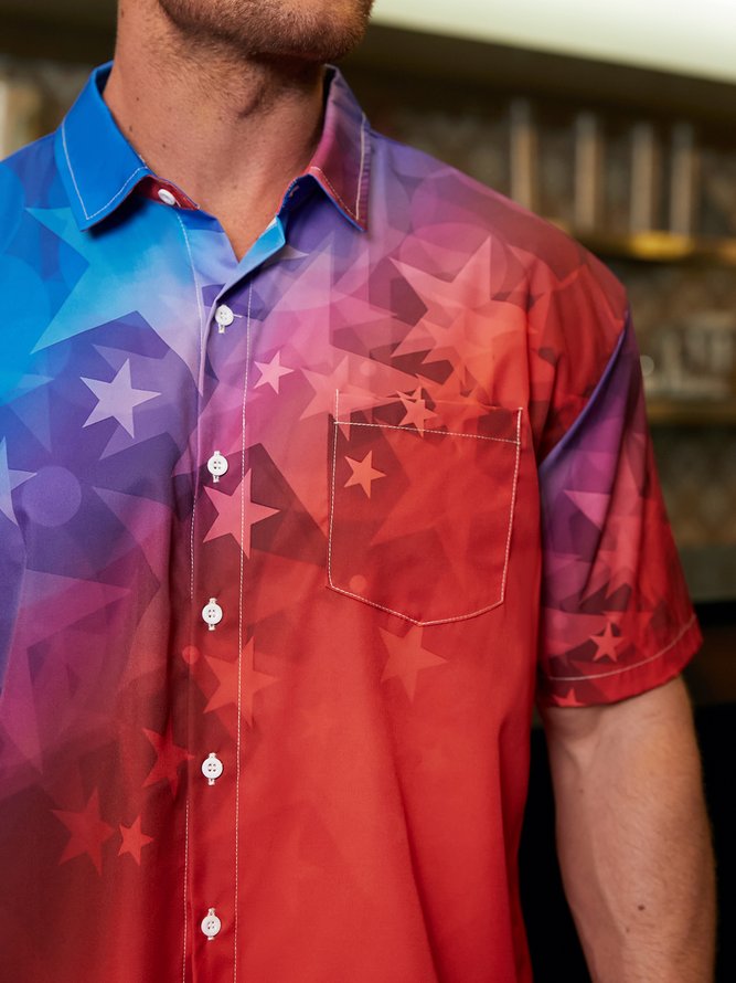 Independence Day Flag Chest Pocket Short Sleeve Shirt