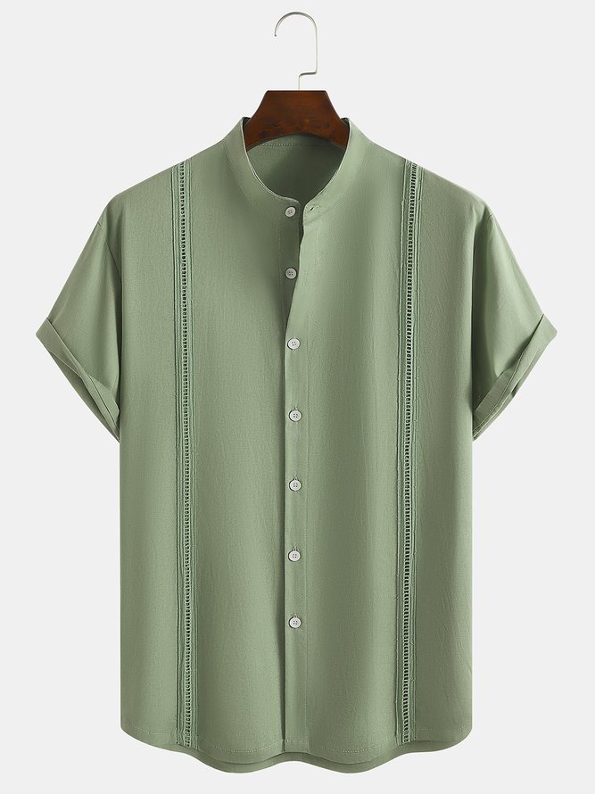 Mens Cotton Stand Collar Short Sleeve Shirt 65%Cotton