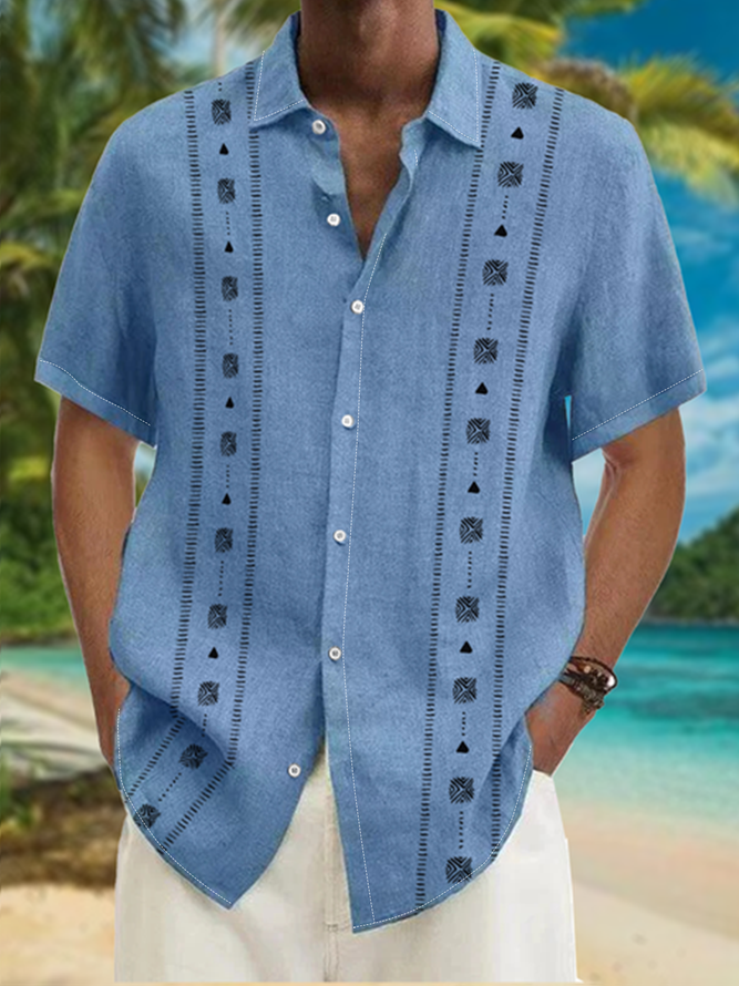 Ethnic Stripe Chest Pocket Short Sleeve Casual Shirt