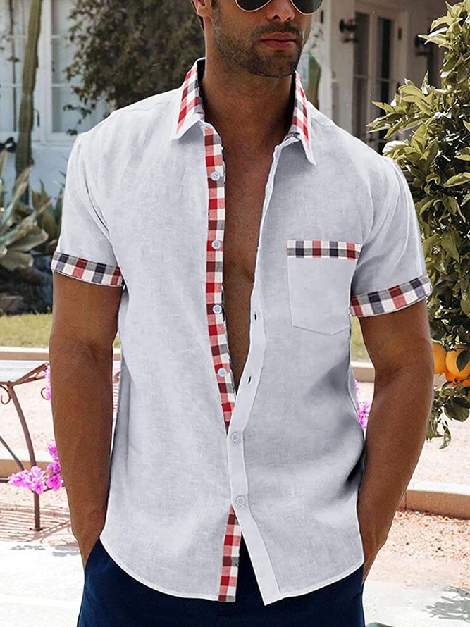 Contrast Plaid Panel Short Sleeve Casual Shirt