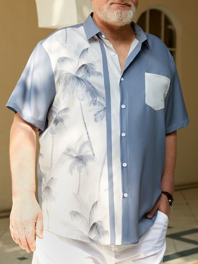 Big Size Coconut Tree Chest Pocket Short Sleeve Bowling Shirt