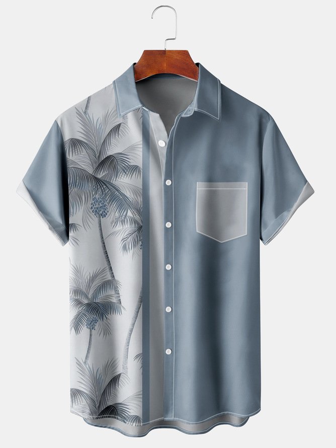 Big Size Coconut Tree Chest Pocket Short Sleeve Bowling Shirt
